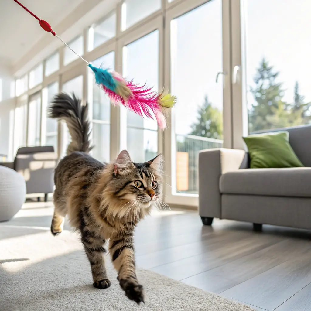 Maine Coon cat playing with a feather toy in a living room, showing its playful and engaging personality.