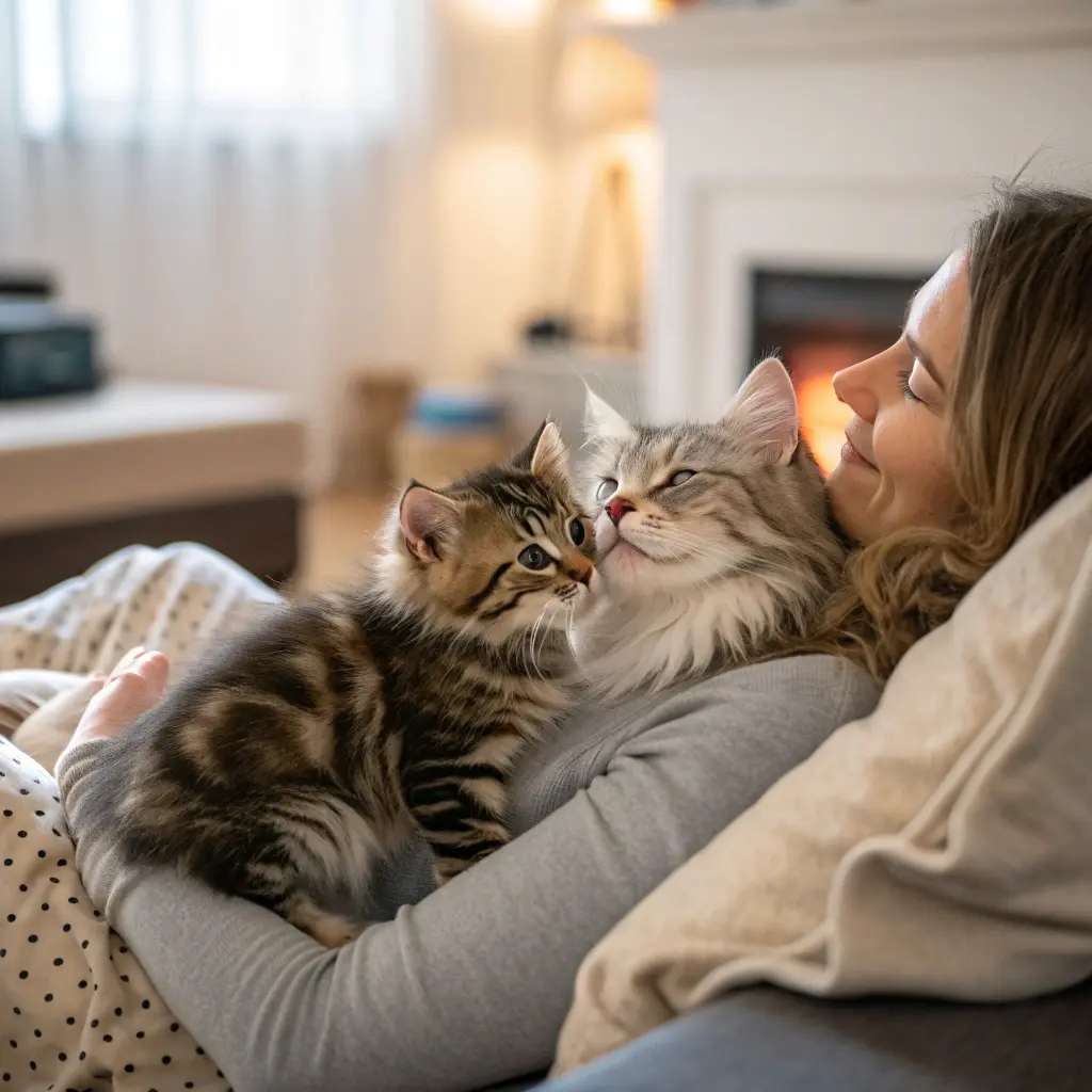 Mother cat and kittens cuddling with owner, representing cat bonding and trust.