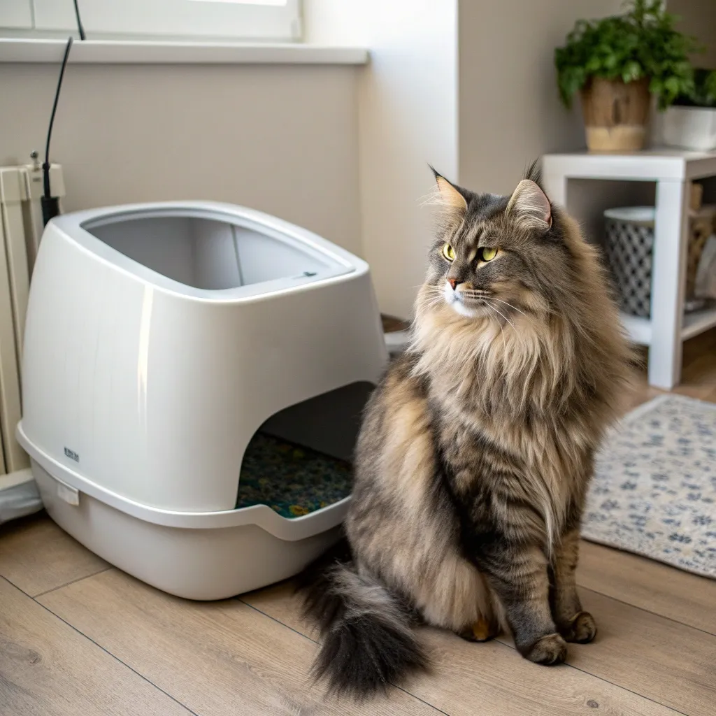 Norwegian Forest Cat next to a clean litter box in a cozy home.