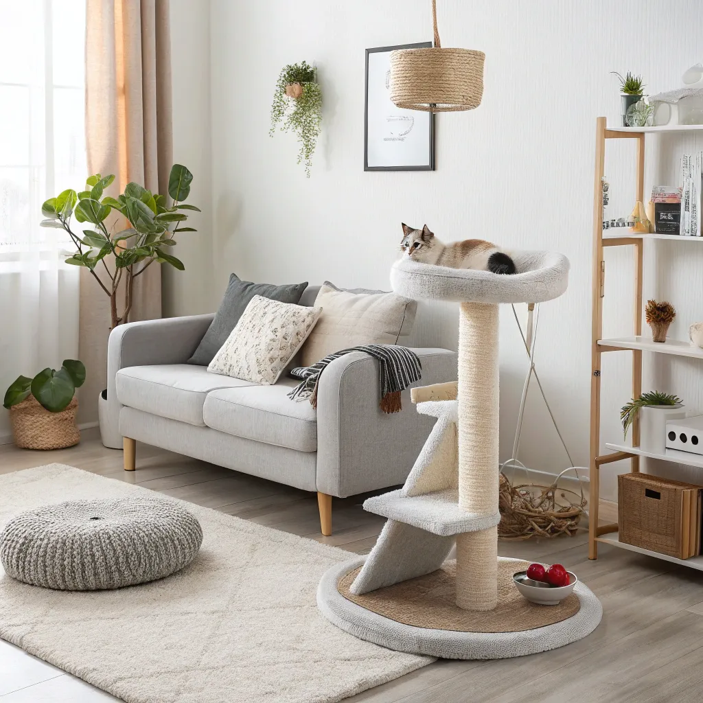 Munchkin Cat Care 3 Munchkin cat on a stylish cat-friendly sofa with a ramp in a modern home.
