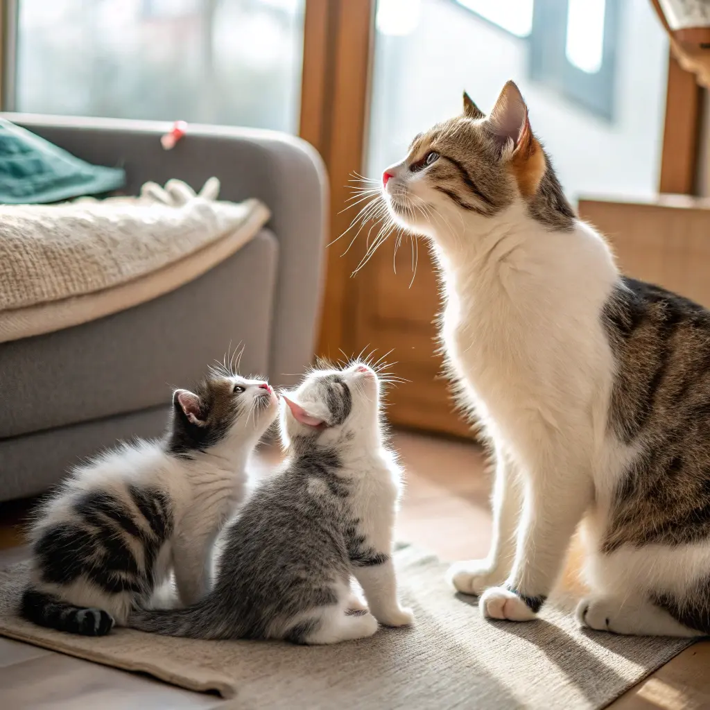 Mother cat with kittens looking at owner, symbolizing trust and seeking help.