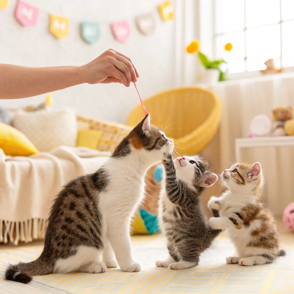 a mother cat with her kittens playfully interactin