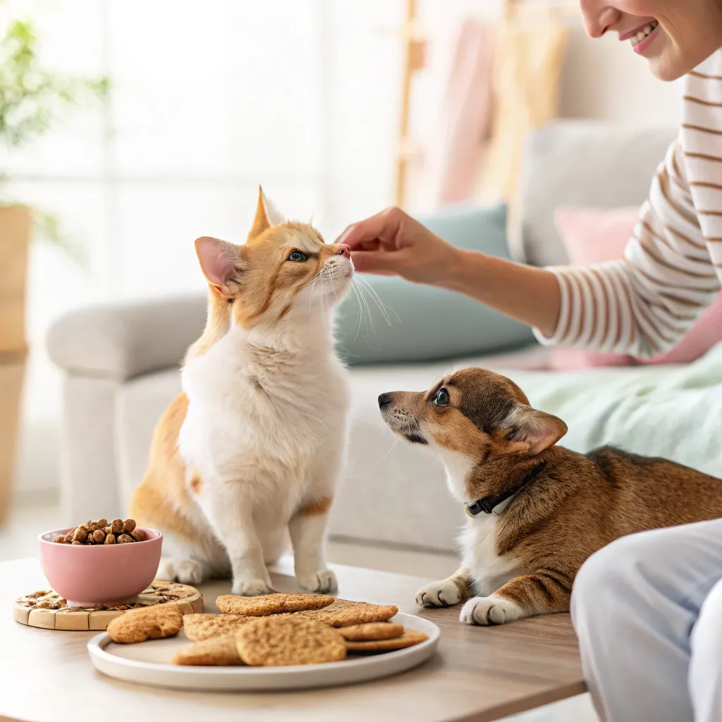 A Munchkin cat and a small dog being gently petted by their owner during a calm introduction, with treats visible nearby, in a bright home environment.
