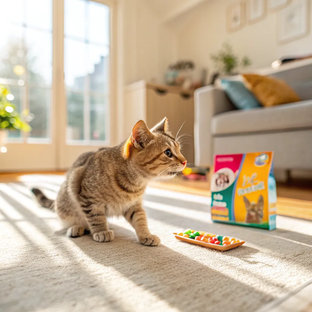 Munchkin cat enjoying a dental treat in a bright living room.