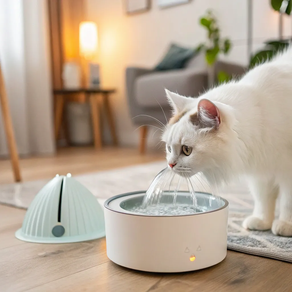 Munchkin cat using a water fountain with a pheromone diffuser, promoting urinary health and stress relief.