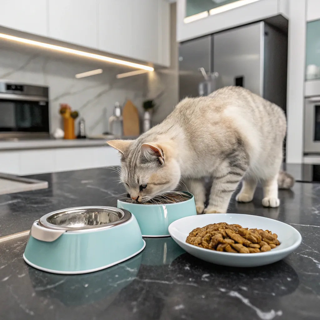 A Munchkin cat eating a balanced meal, showcasing proper diet for weight management.