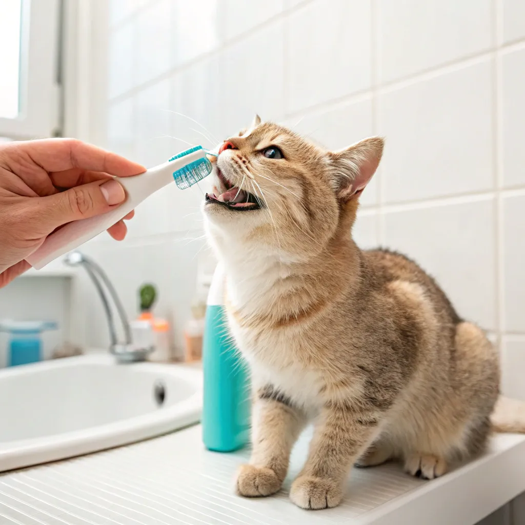 Owner brushing Munchkin cat’s teeth with a pet toothbrush in a clean bathroom.