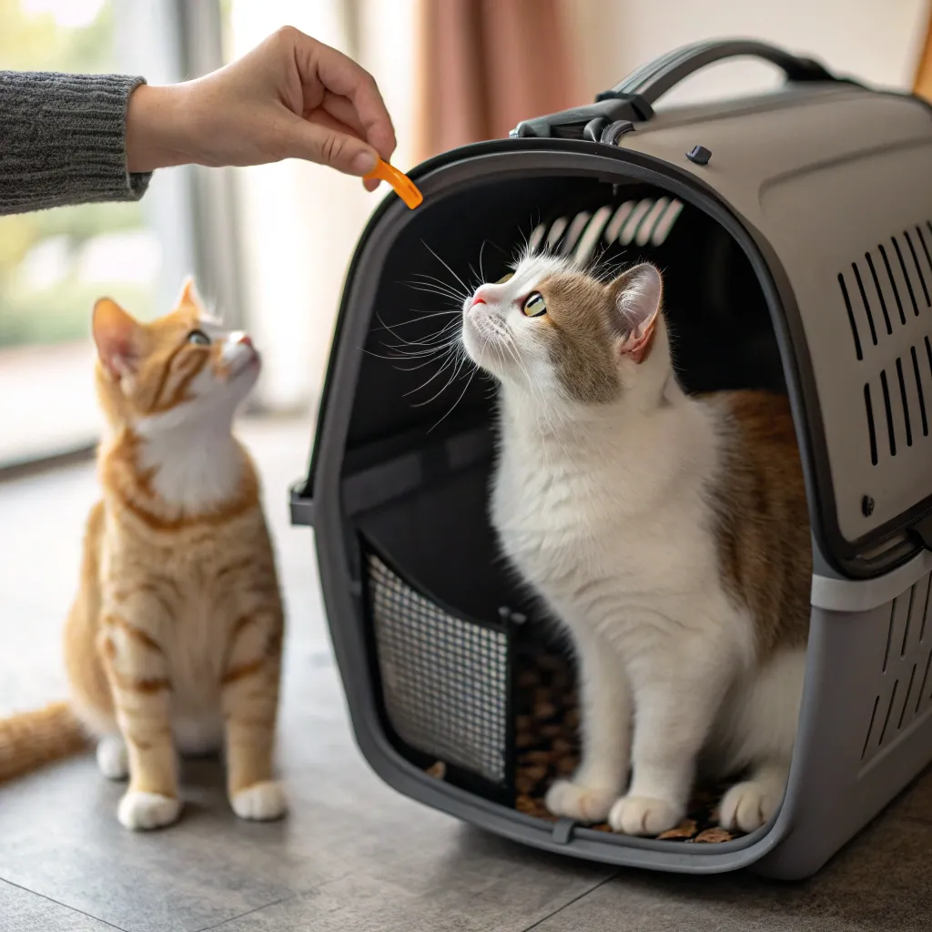 Munchkin Cat in a carrier during a controlled introduction, receiving a treat for calm behavior.