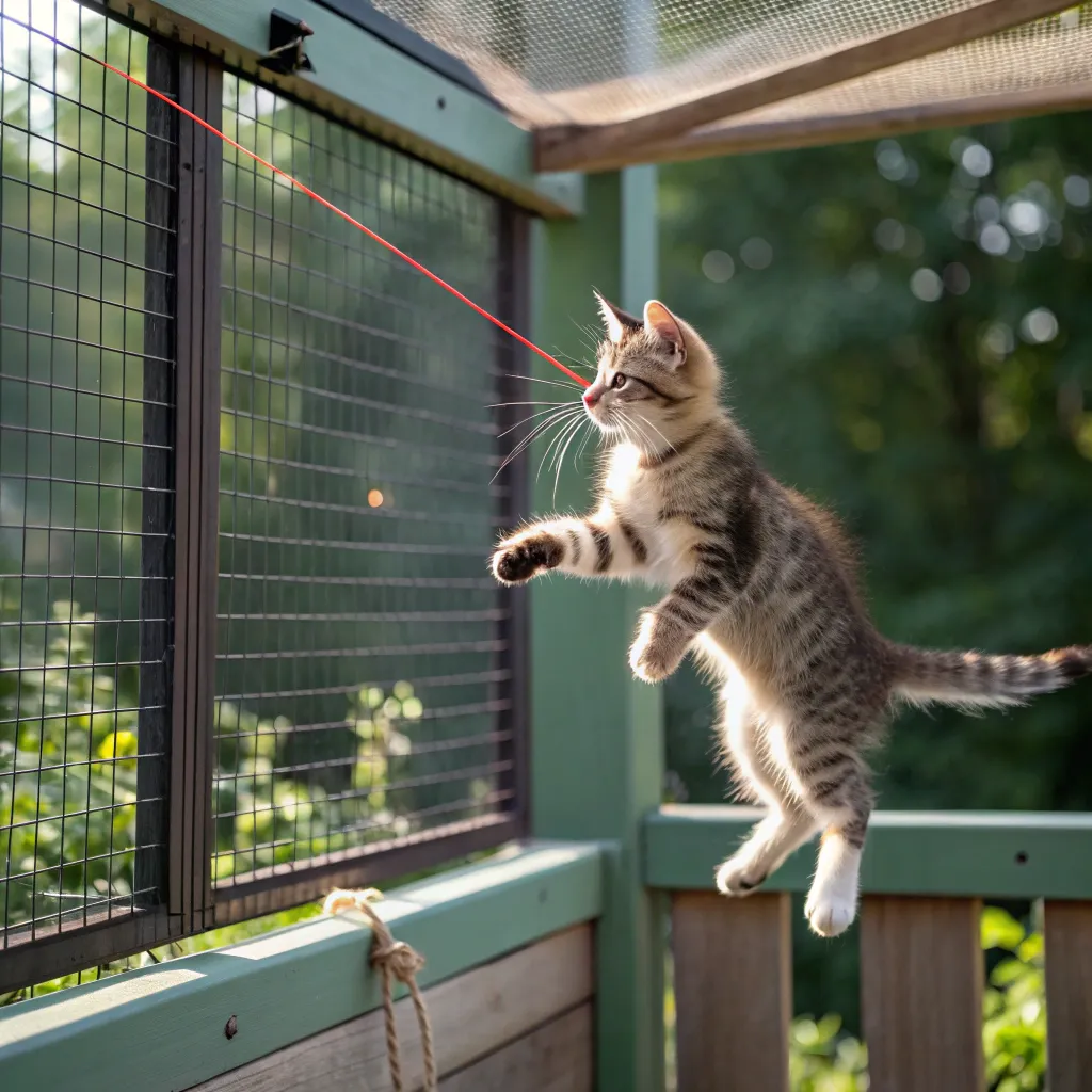 Munchkin cat chasing a laser pointer in a catio, demonstrating high energy levels.