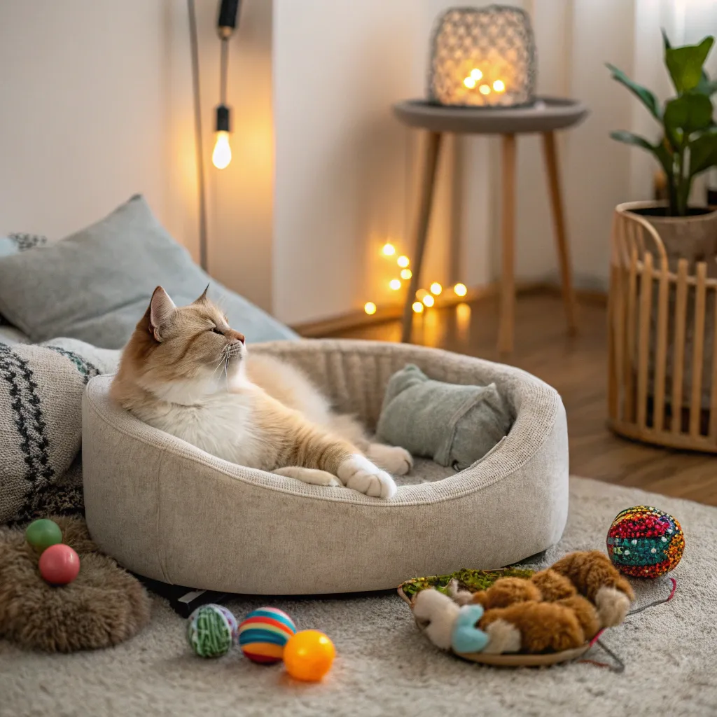 Munchkin cat relaxing in a cozy bed, reducing stress to manage shedding.