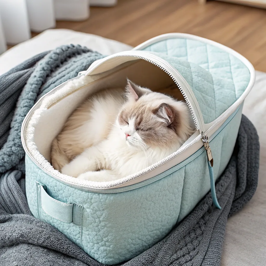 Munchkin cat relaxing in a comfortable soft-sided pet carrier.