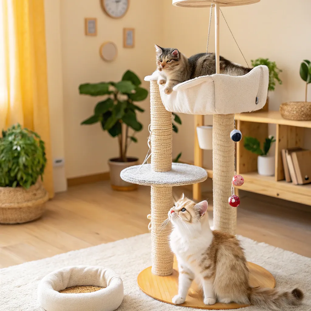 Munchkin Cat on a cat tree with another cat on a separate perch, showcasing vertical spaces in a multi-cat household.