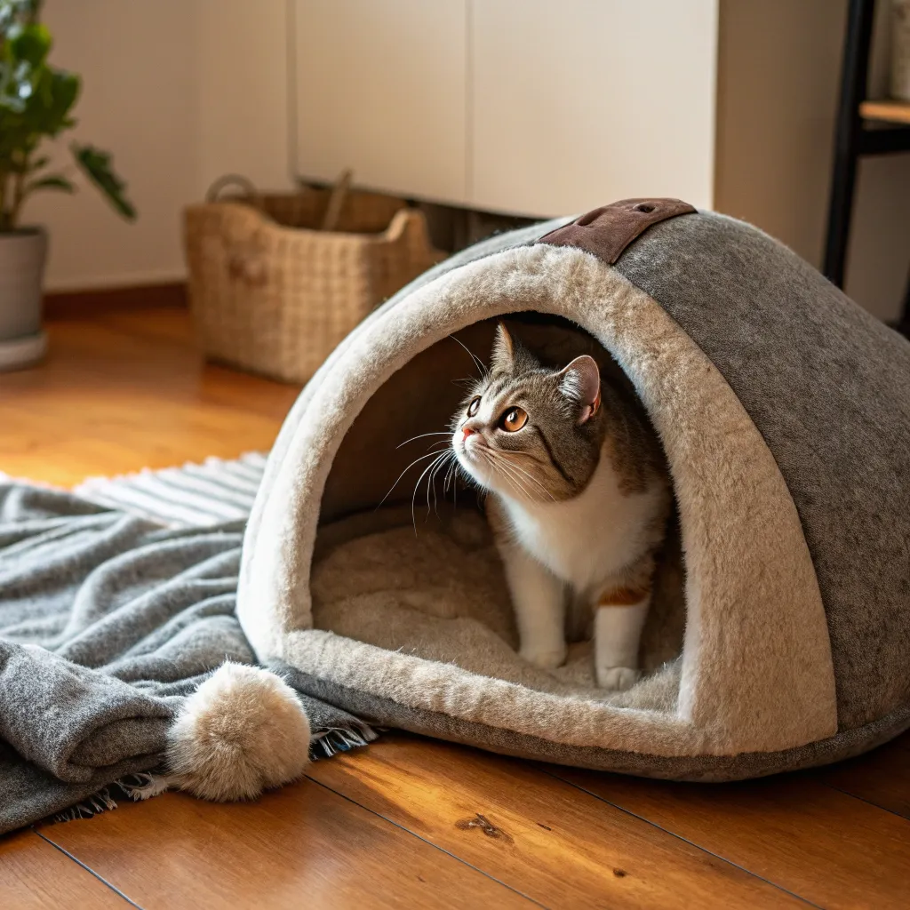  Munchkin cat in a cozy cave-style Munchkin cat bed with wool exterior.