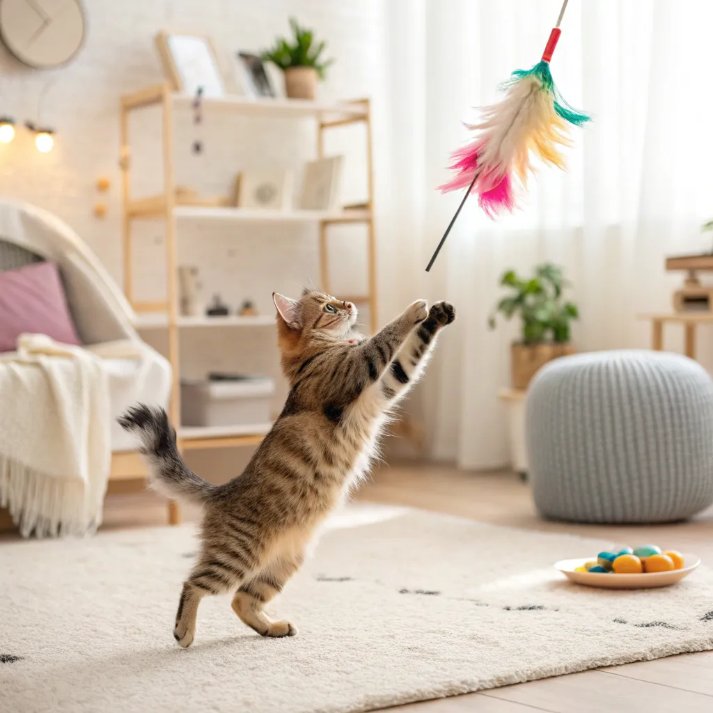 A Munchkin cat playing with a feather toy, highlighting its playful nature.