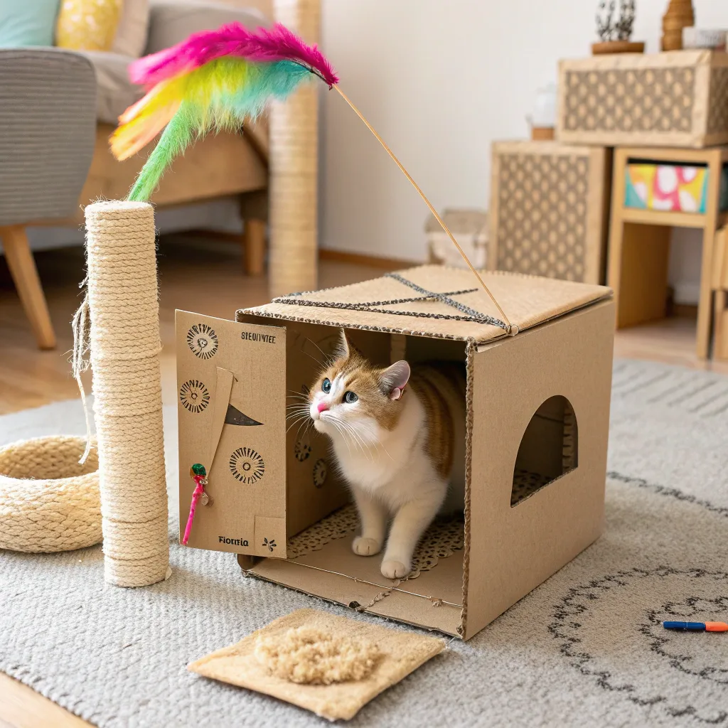 Munchkin Cat Care 6 Munchkin cat enjoying a DIY cardboard fort and scratching post.