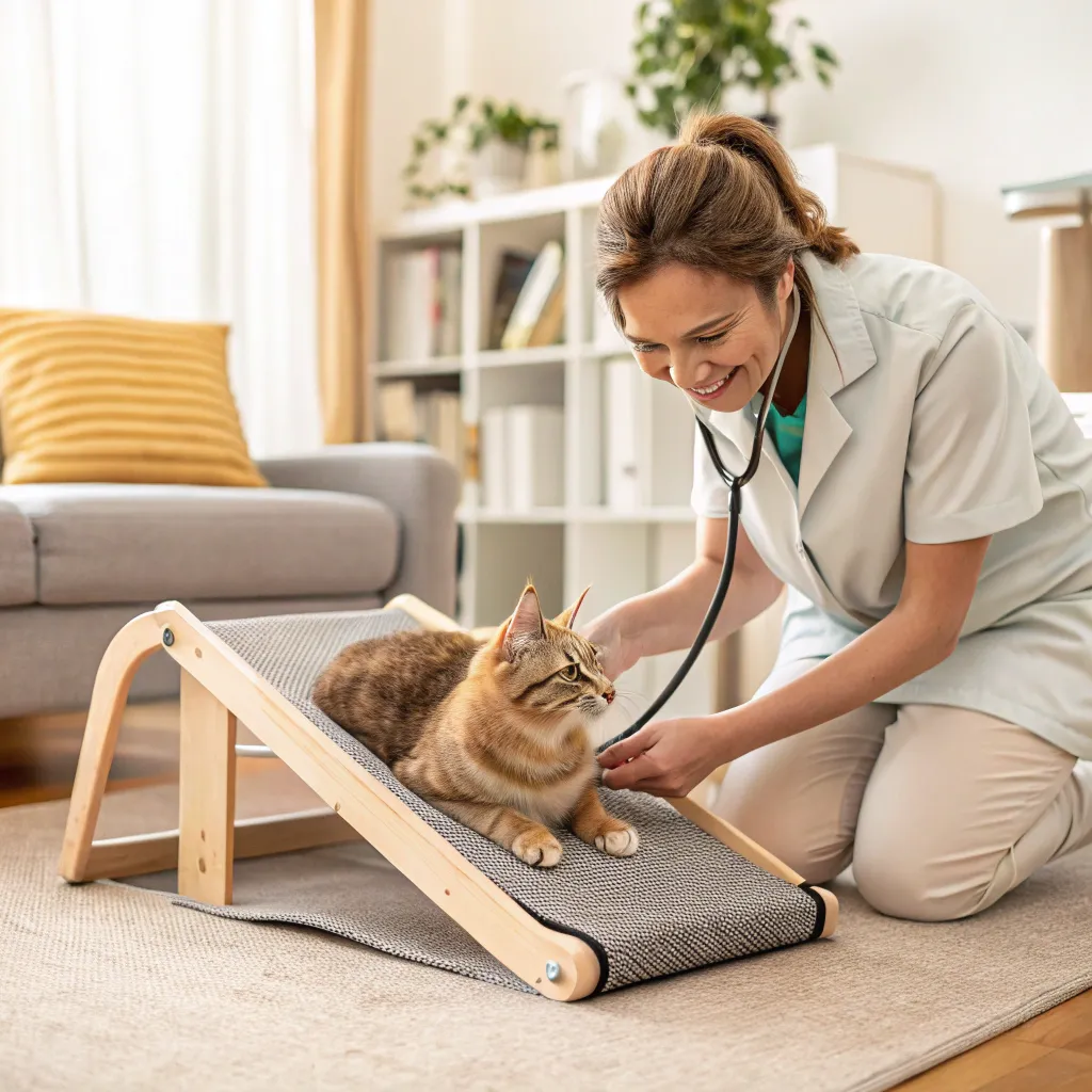 A Munchkin cat on a pet ramp being examined by a veterinarian, emphasizing care for mobility issues.