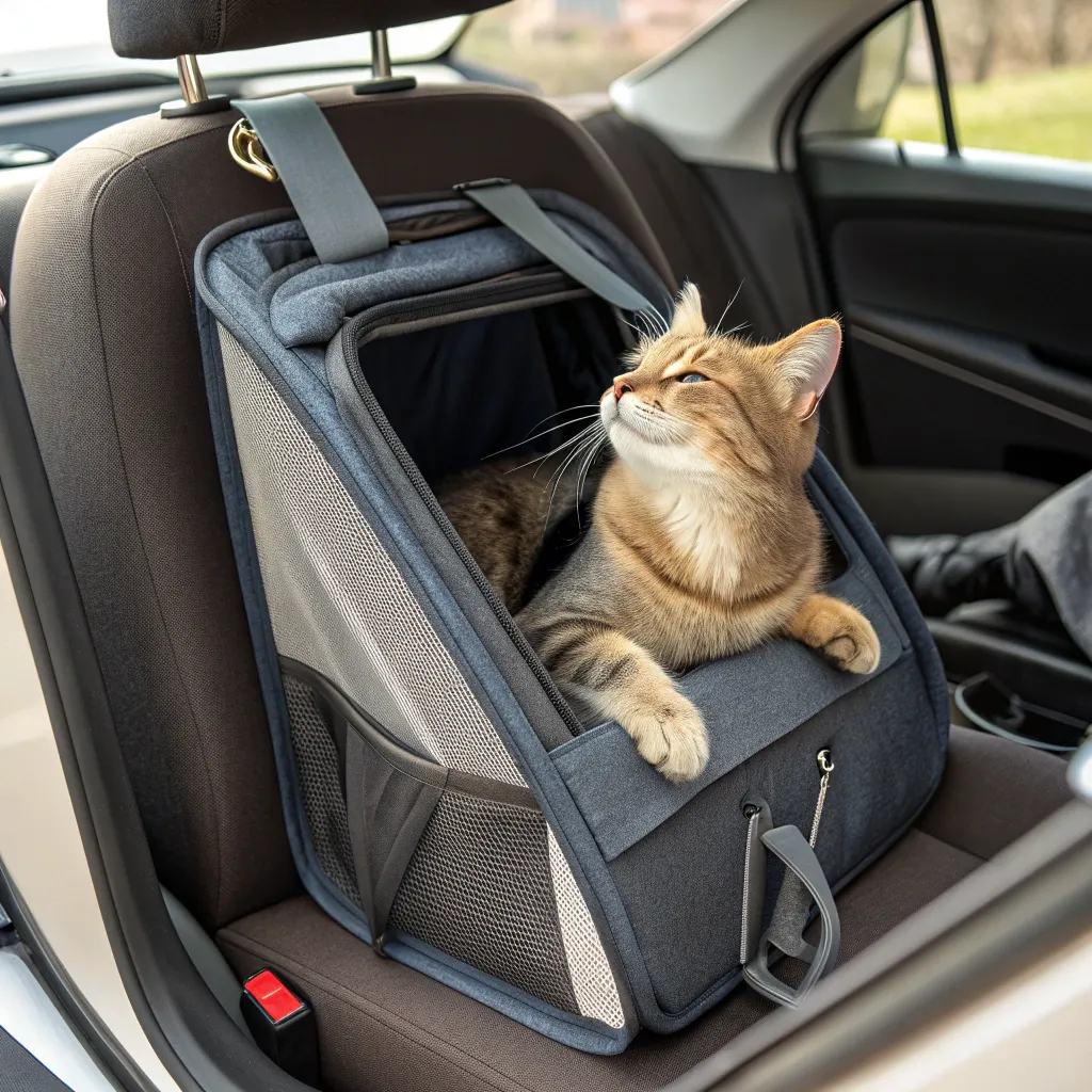 Munchkin cat in a crash-tested carrier buckled into a car for safe travel