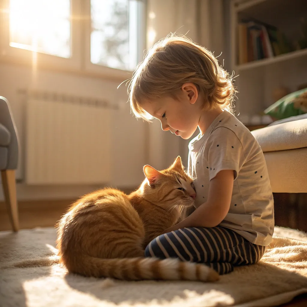 Munchkin Cat cuddling with a child on a cozy couch
