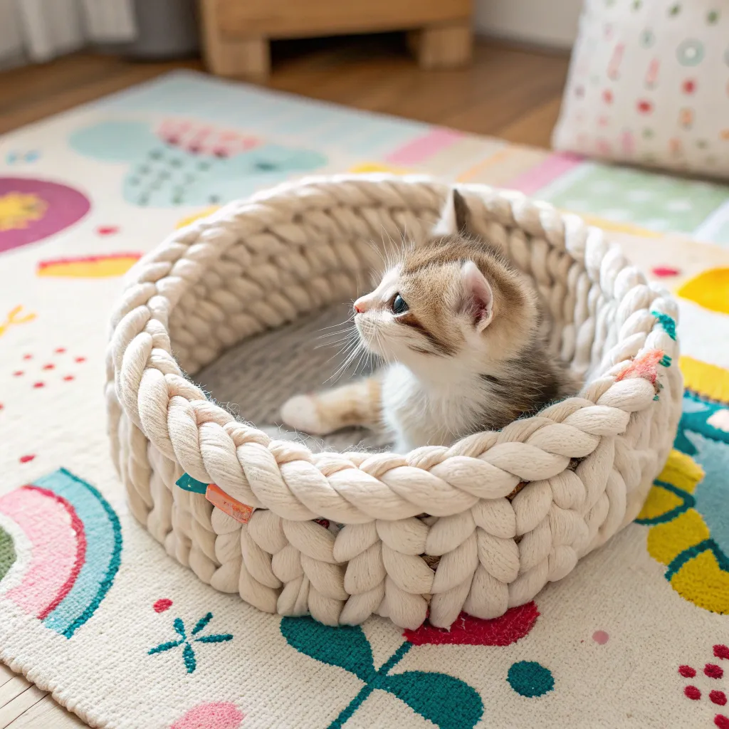 Munchkin kitten in a woven comfortable bed for Munchkin cats on a nursery rug.