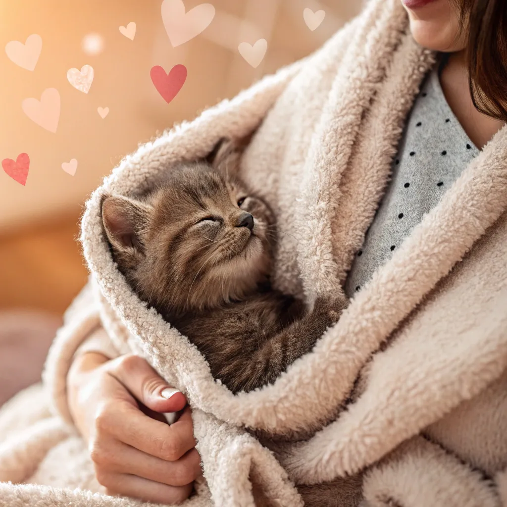Munchkin kitten cuddling with owner.