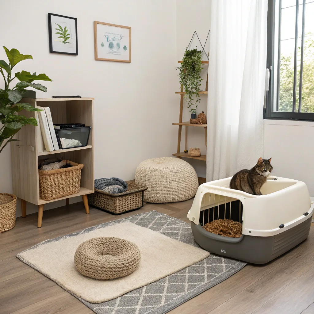 Cat introduction setup with carrier, litter box, and cozy bed for a Munchkin Cat.