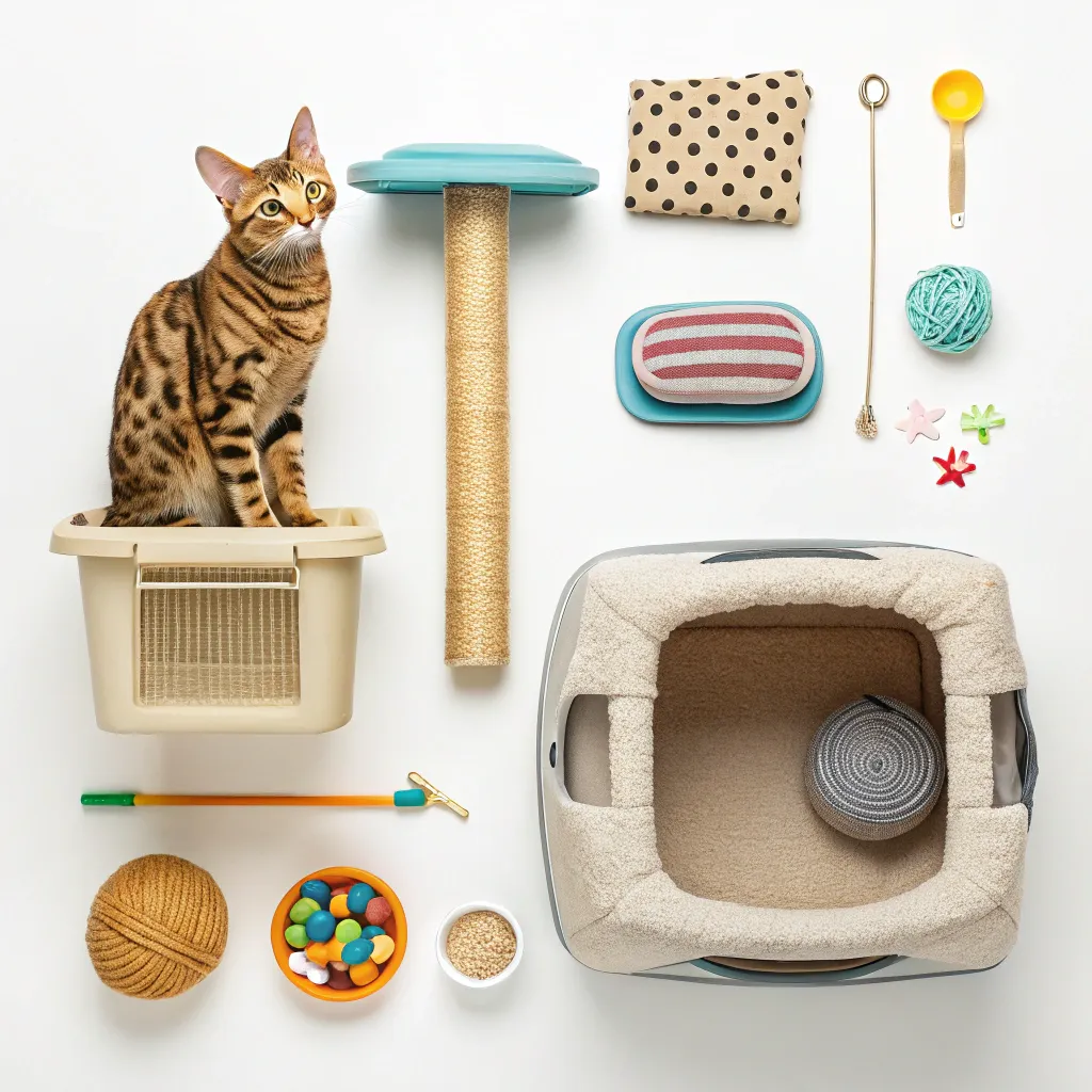 Essential supplies for a Bengal cat’s debut.