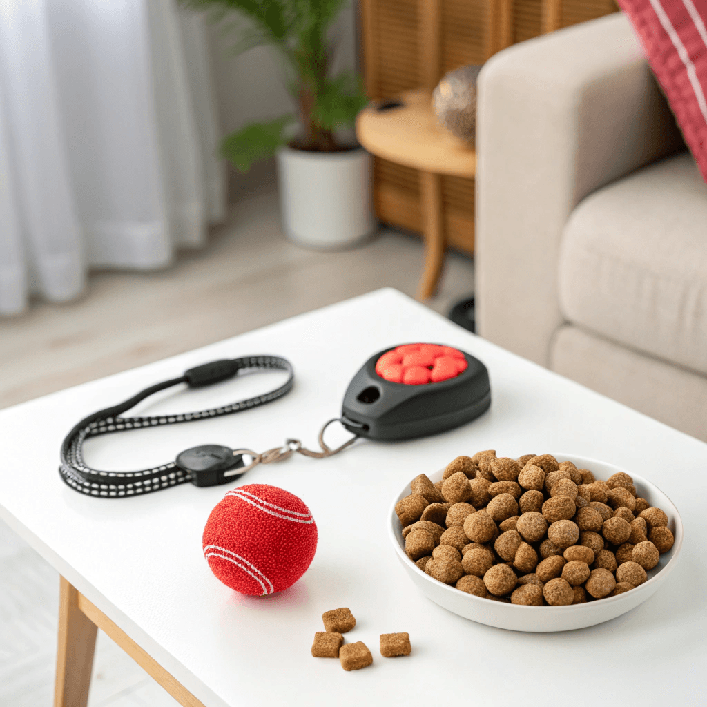 Fetch training supplies for American Shorthair kittens, including a ball, clicker, and treats.
