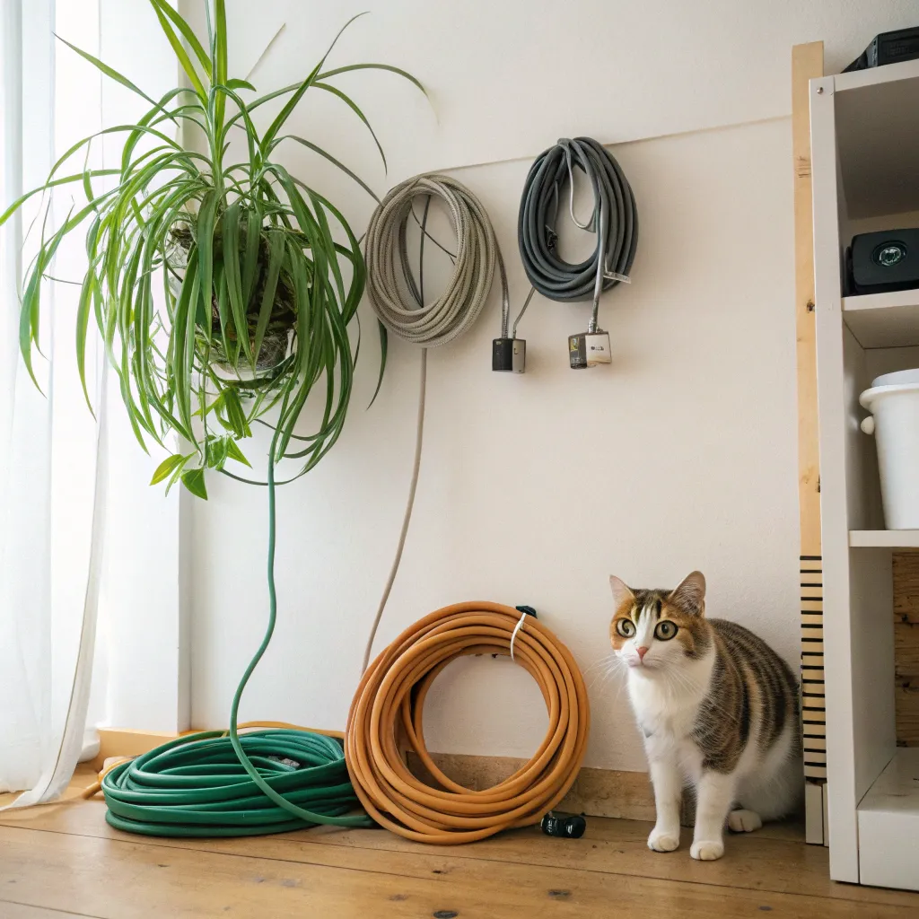 Munchkin Cat Care 4 Munchkin cat in a room with cat-proofed wires and safe hanging plants.