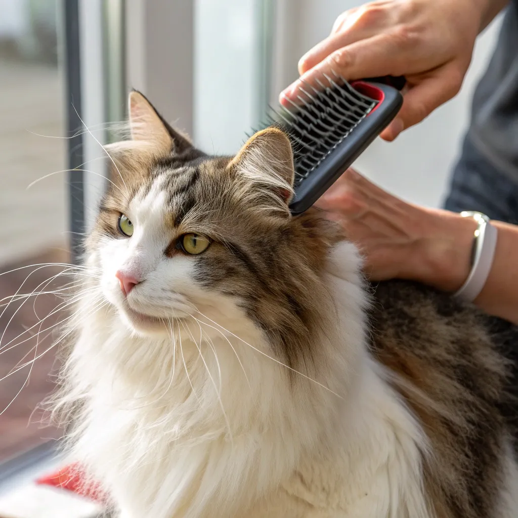 Norwegian Forest Cat during grooming session with a slicker brush, fur gleaming.