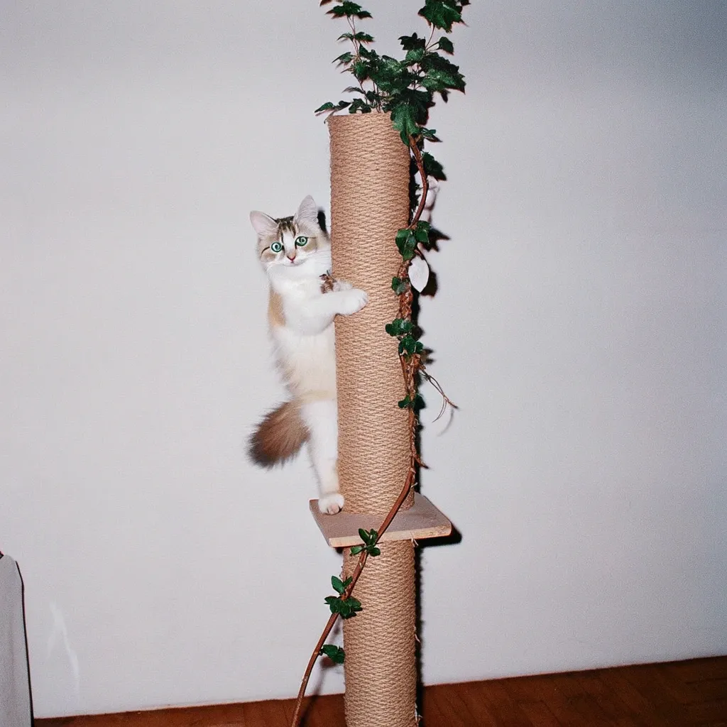 Playful Norwegian Forest Cat on a cat tree, highlighting its active personality.