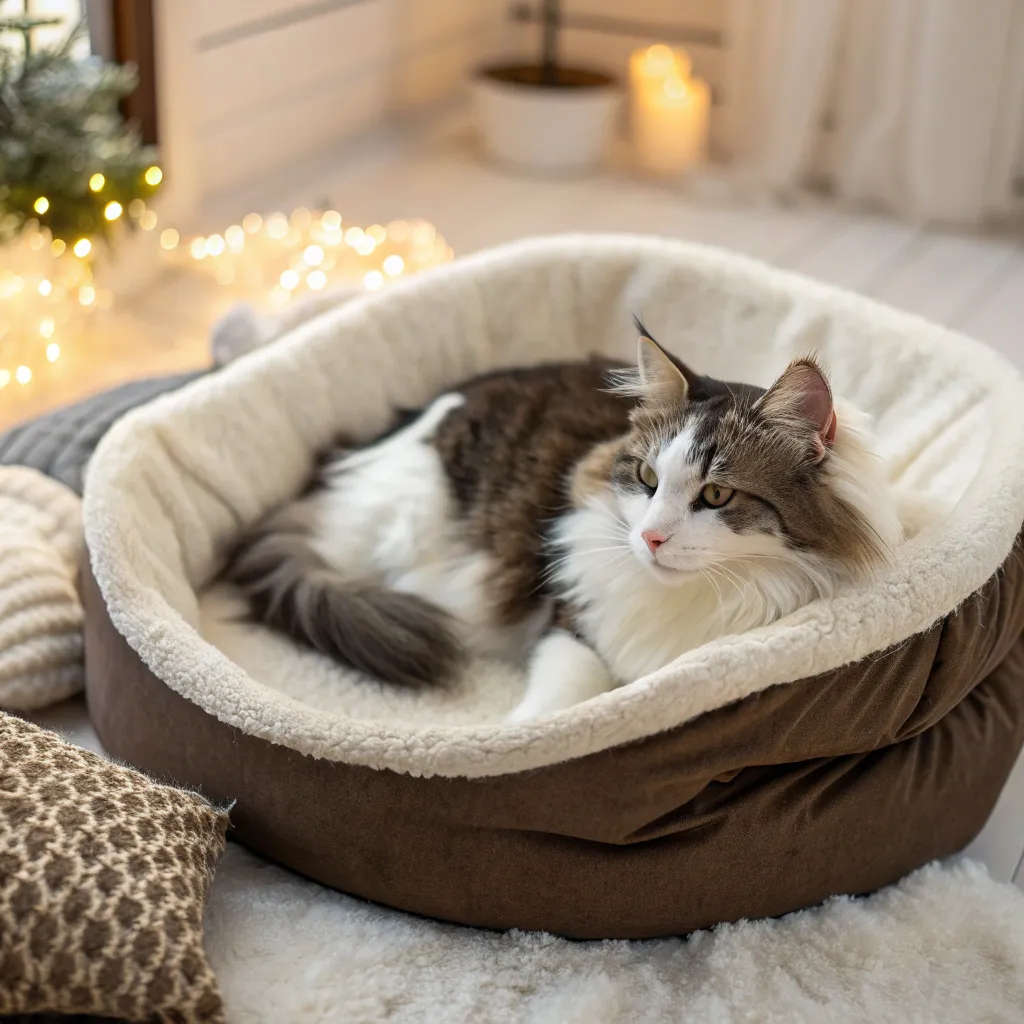 Norwegian Forest Cat on a heated pet bed in a warm winter environment.