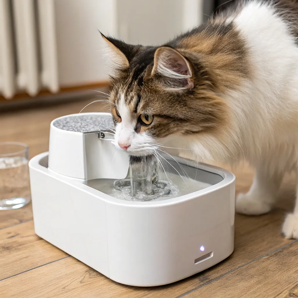 Norwegian Forest Cat at a smart water fountain beside an auto-feeder.