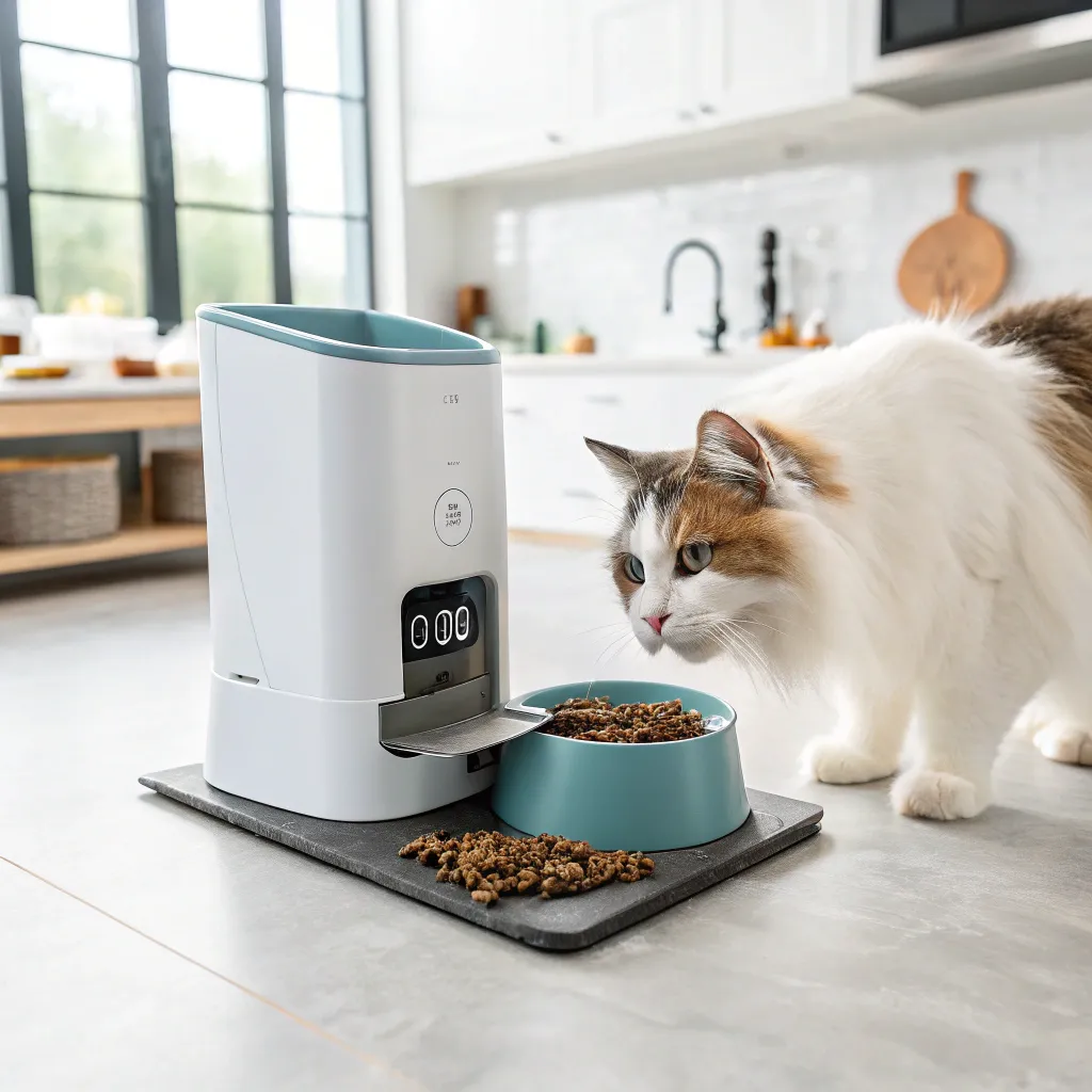 Norwegian Forest Cat using a smart feeder for portion-controlled high-protein meals.