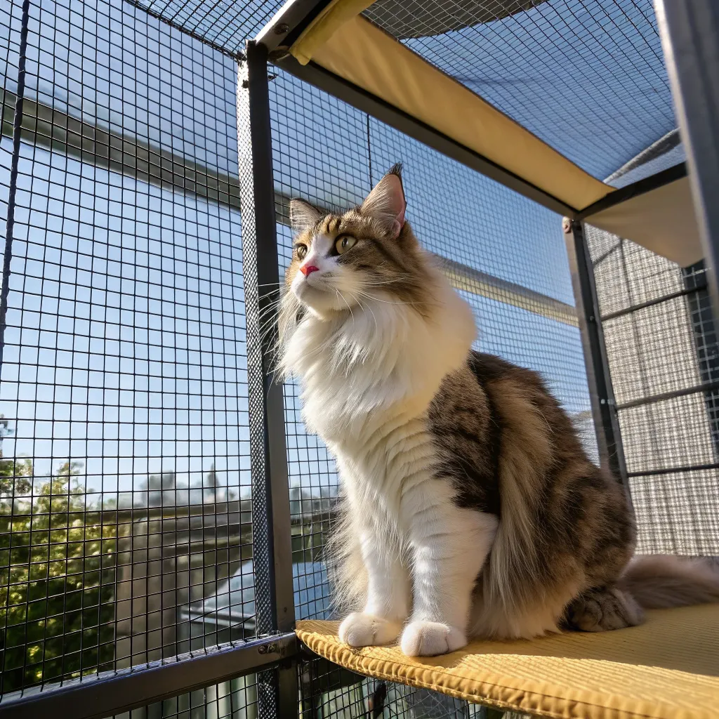 Norwegian Forest Cat relaxing in a secure outdoor catio with mesh walls.