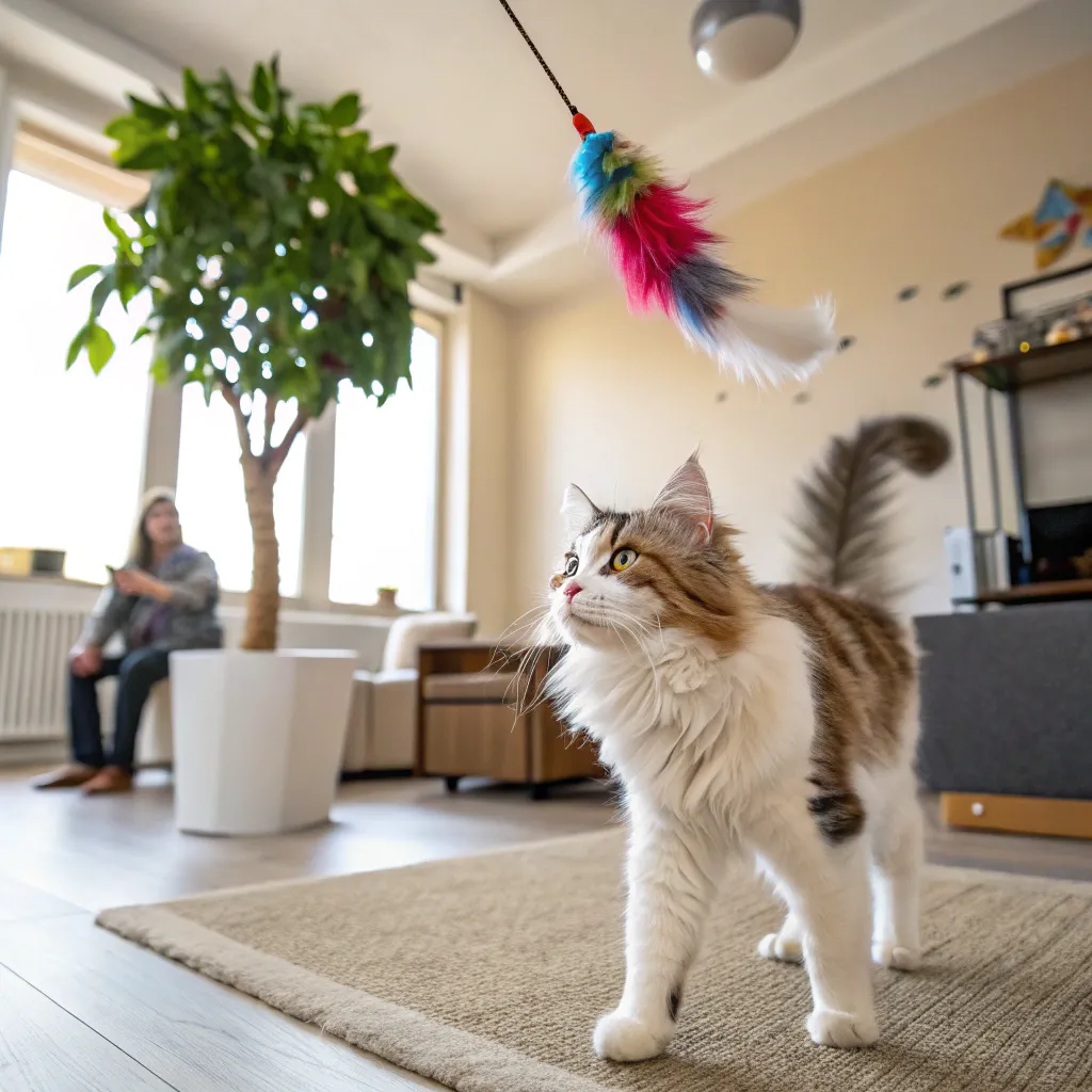 Norwegian Forest Cat playing with a feather wand, engaging in daily exercise.
