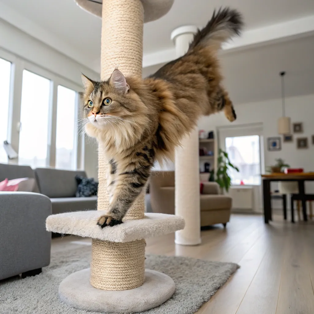 Healthy Norwegian Forest Cat leaping onto a cat tree in a modern home.