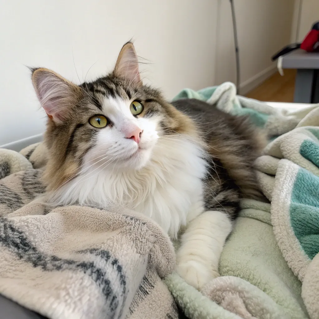 Norwegian Forest Cat relaxing, highlighting its affectionate nature.