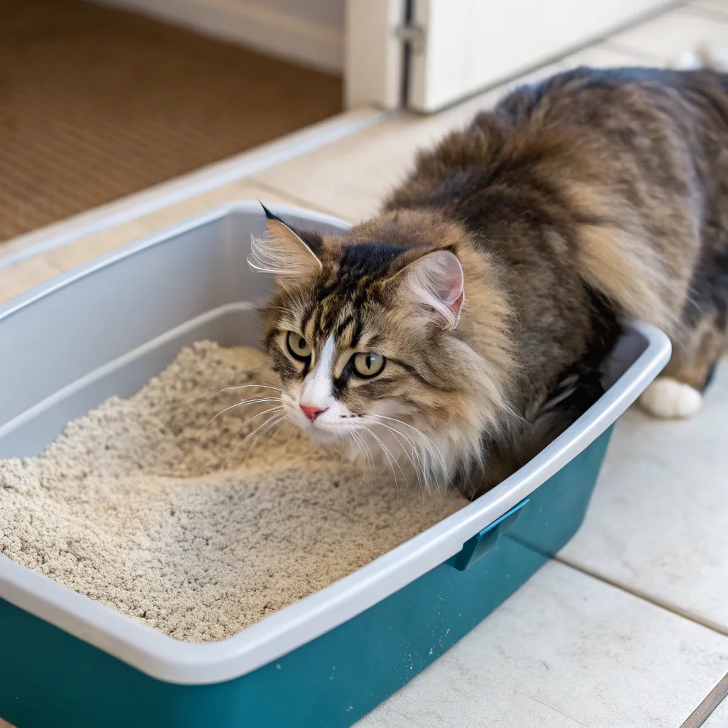 Norwegian Forest Cat digging in a litter box.