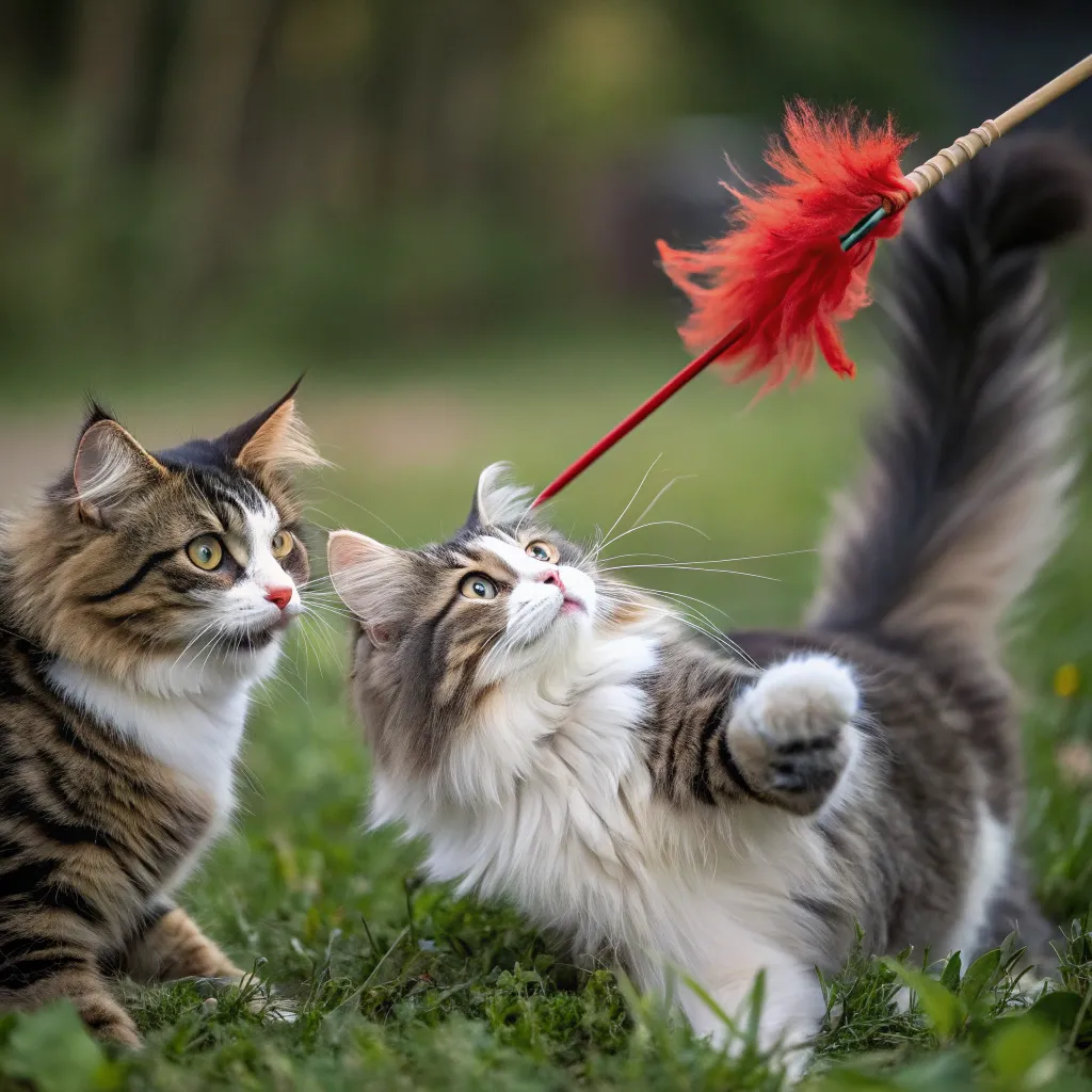 Norwegian Forest Cat and another cat playing together, demonstrating effective socialization techniques.