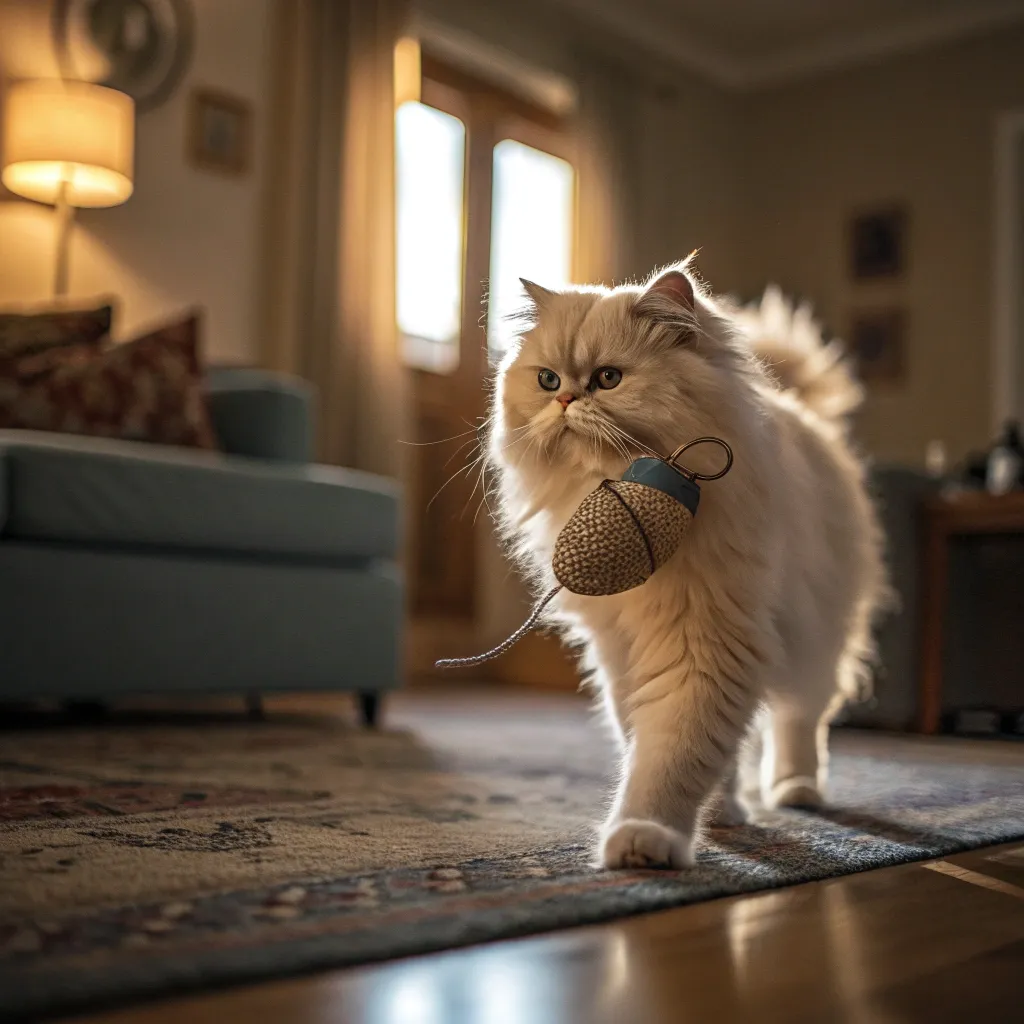 A cat bringing a toy mouse to its owner’s feet, set in a cozy living room with warm lighting.  