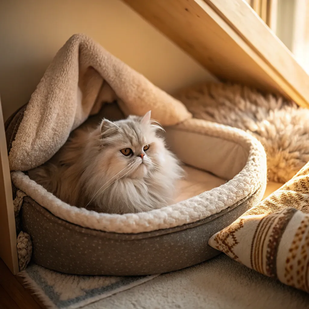 a persian cat curled up in a cozy cat bed surroun