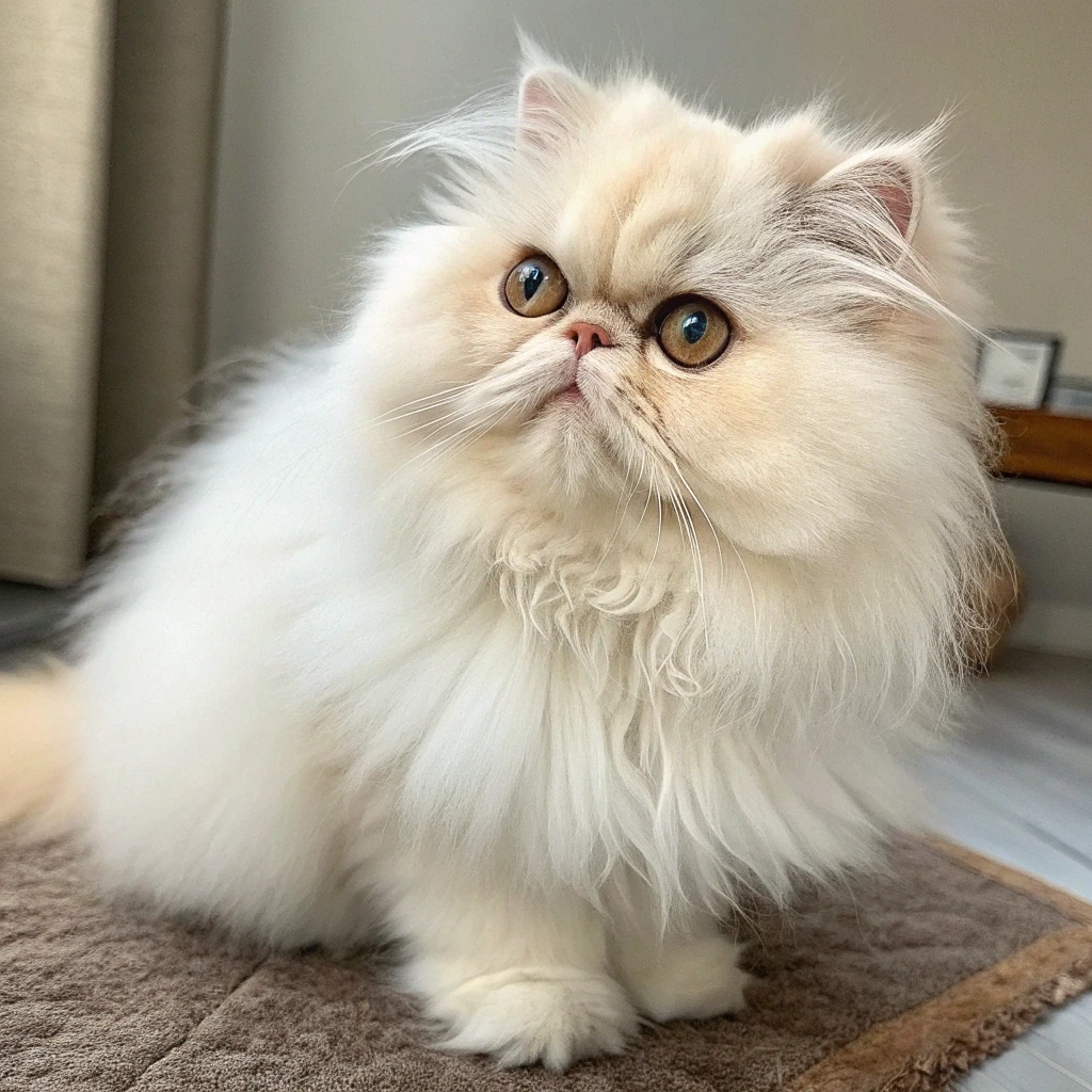 Persian cat with long, white fur resting on a cushion