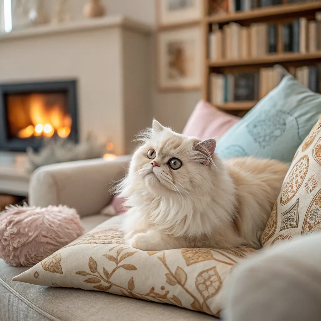 Persian cat lounging on a sofa with expressive eyes in a cozy home.