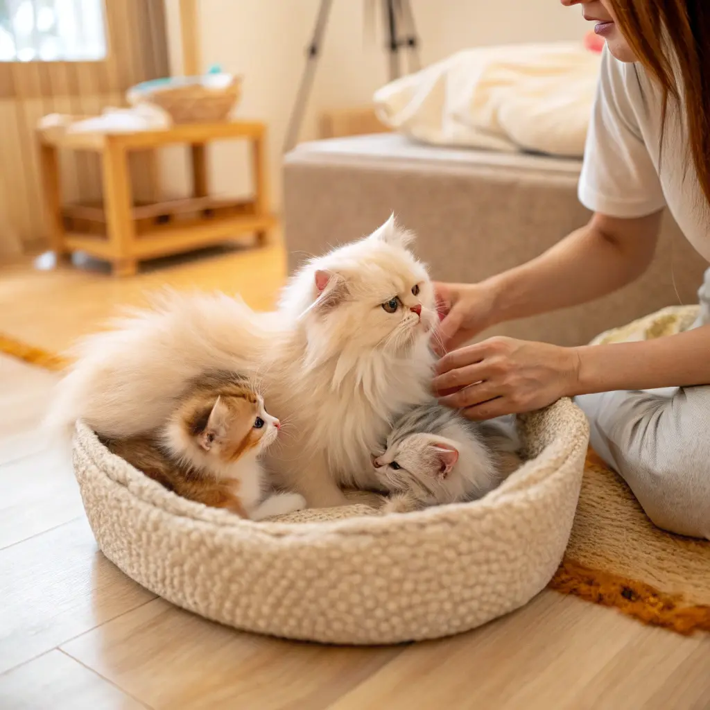 Mother cat and kittens resting together with a human, symbolizing trust and bonding.