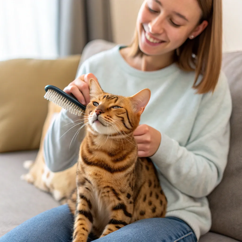 Brushing a Bengal cat to reduce allergens.