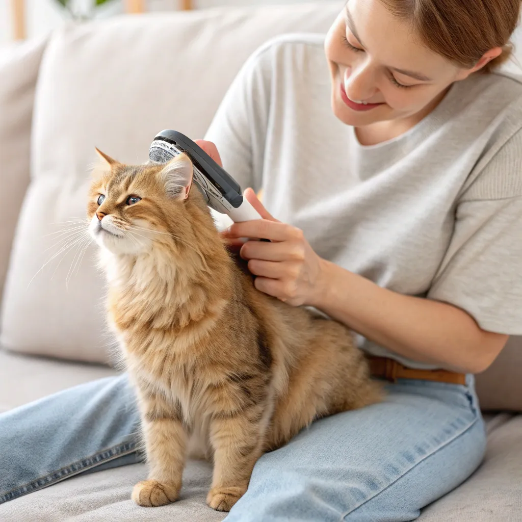 Brushing a Munchkin cat to reduce shedding, showing loose fur collected on a slicker brush.