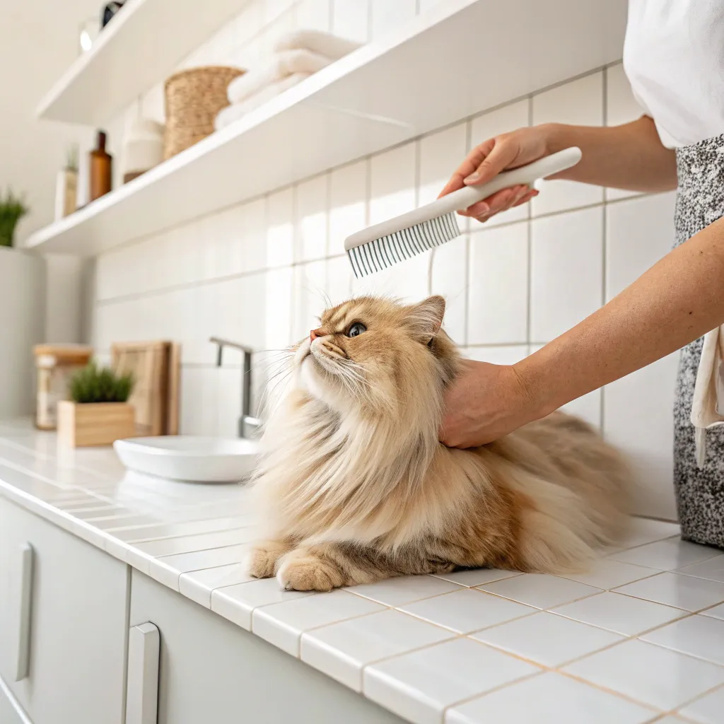 Person brushing a Persian cat’s silky fur with a wide-tooth comb.