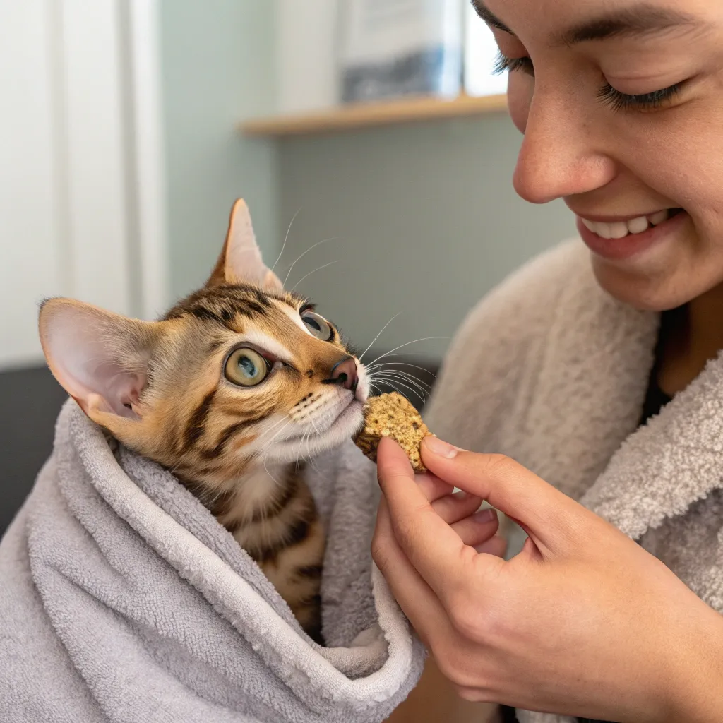 Bengal kitten receiving a treat post-bath, showing positive reinforcement