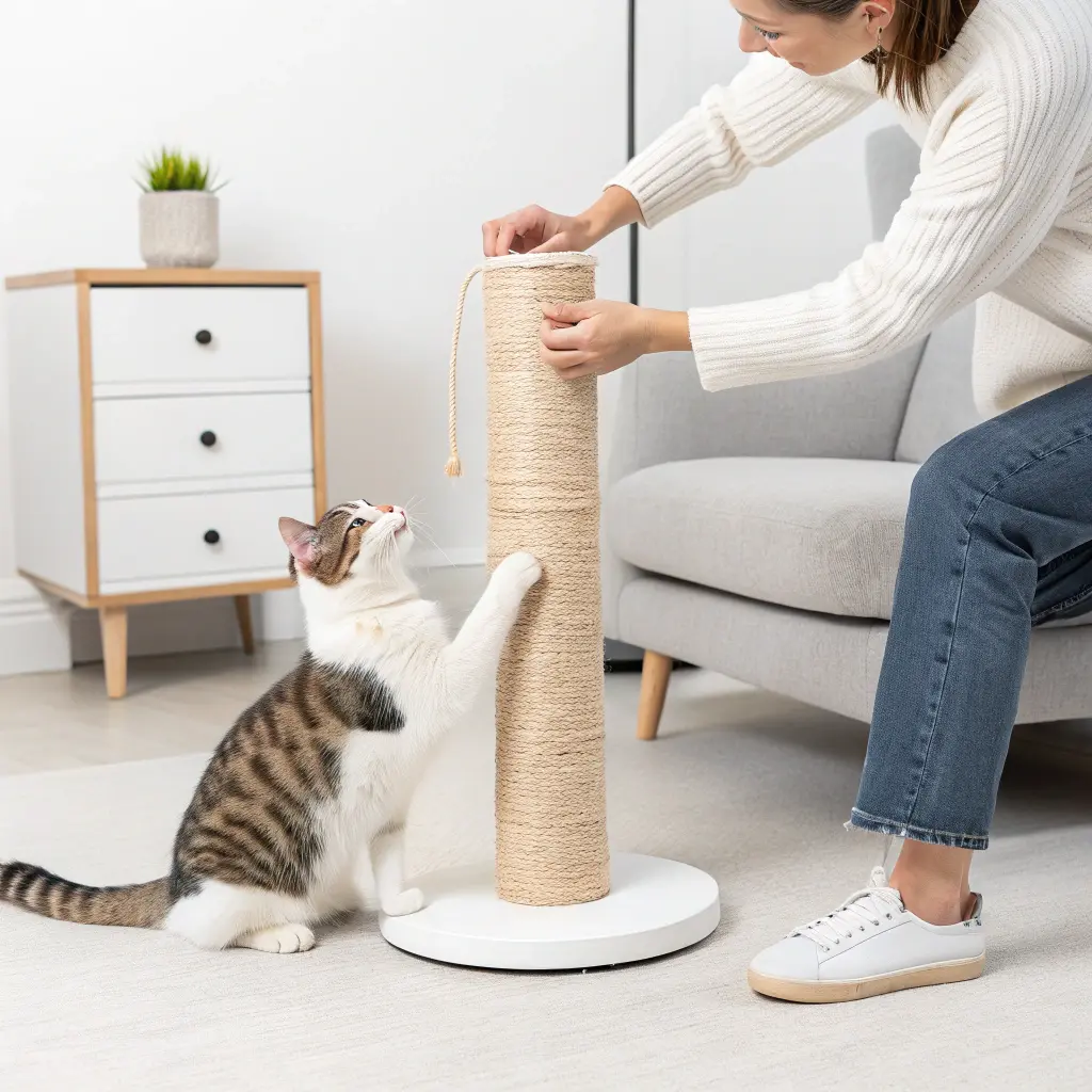 Person rewarding a cat with a treat for using a scratching post, with unscratched furniture in the background.