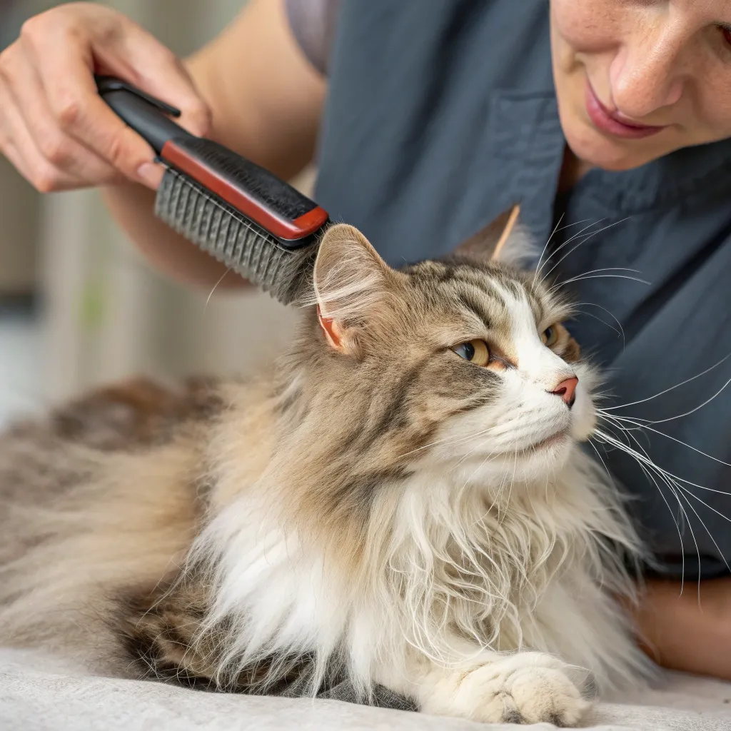 Grooming a Norwegian Forest Cat to reduce dander.